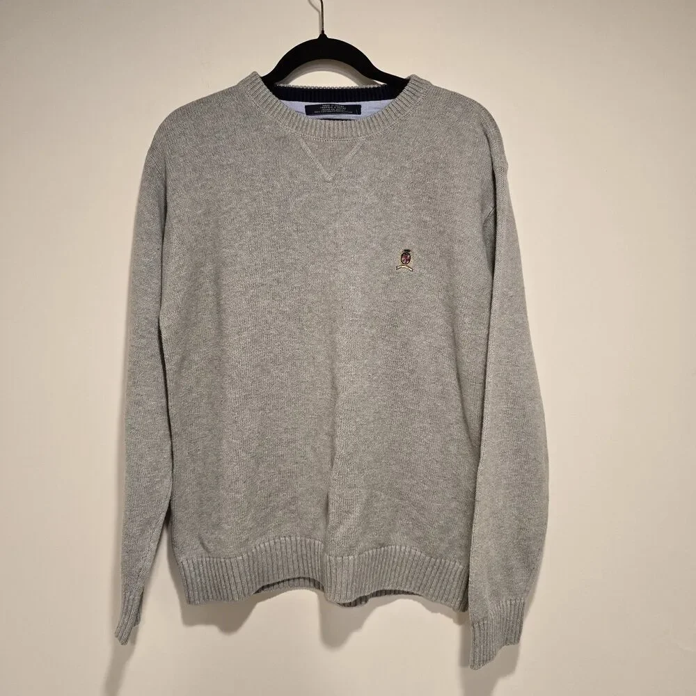 Vintage TOMMY HILFIGER Lion Crest Sweater MENS LARGE GRAY Crew Neck Cotton Prep